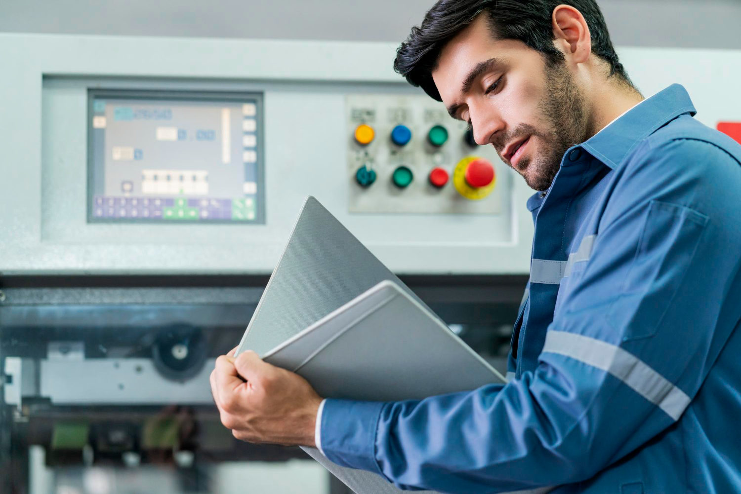 male-caucasian-professional-engineer-examine-checking-machinery-system-progress-work-flow-result-project-factory-background-industrial-technology-concept